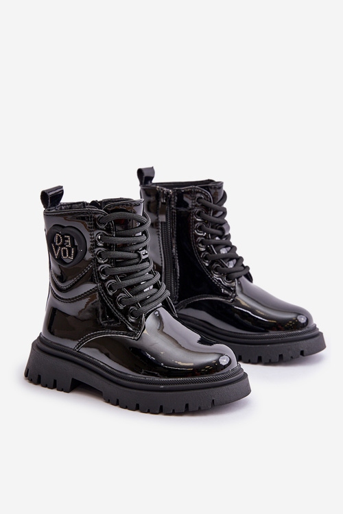 Лаковані чоботи для дівчаток утеплені хутром на блискавці чорного кольору Evaliraea