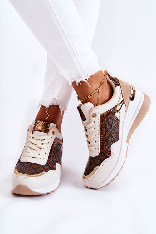 Жіночі шкіряні спортивні туфлі на танкетці біло-коричневі Catrine