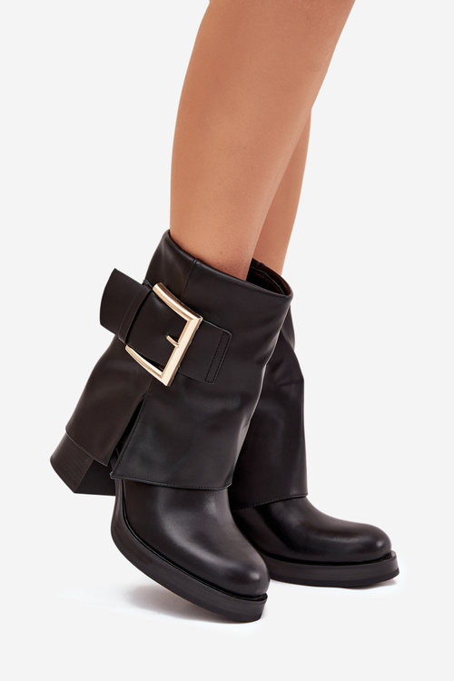 Жіночі Теплі Чоботи На Каблуку З Золотою Пряжкою Чорні Milira