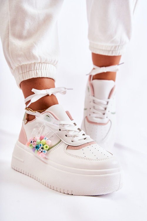 Жіноче спортивне взуття на зав'язках Кросівки біло-рожеві Manila