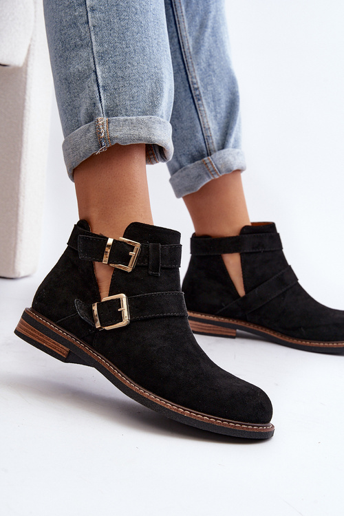 Жіночі ботильйони на плоскій підошві з ремінцями чорного кольору Melviana