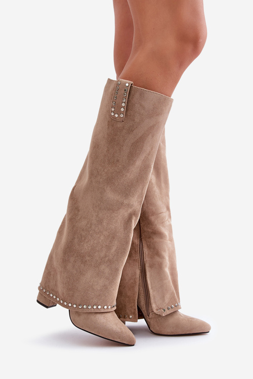 Жіночі чоботи з підгортанням на каблуці Бежеві Kaithena