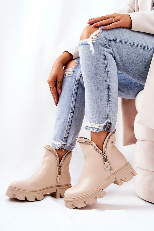 Шкіряні чоботи Декоративні блискавки бежеві Deborah