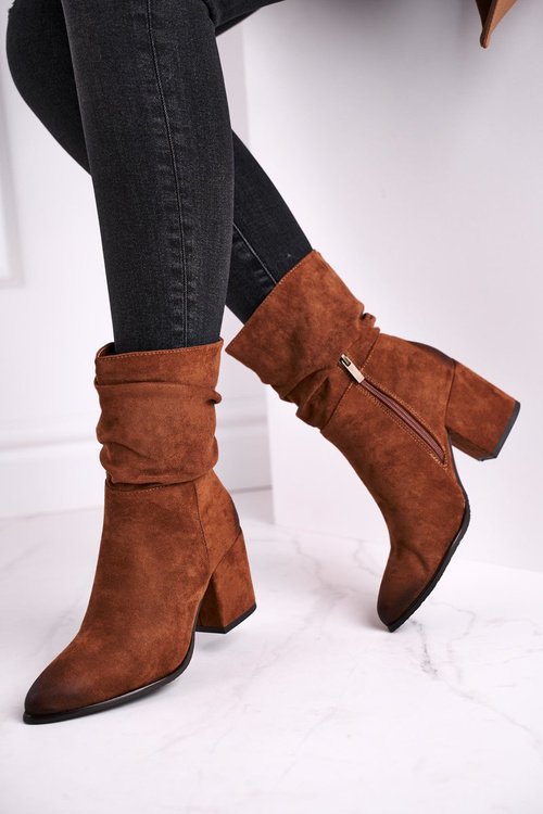 Жіночі чоботи на високому каблуці з еко-замші Верблюжого кольору