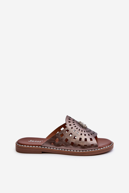 Блискучі жіночі сандалі на плоскій підошві з мідним декором Ebirena