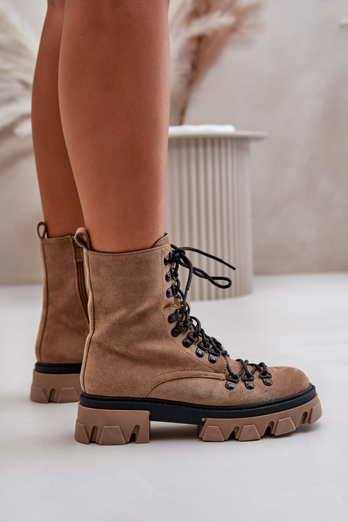 Теплі замшеві чоботи робочі на зав'язці коричневого кольору Pierro