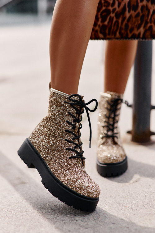 Утеплені жіночі робочі черевики, прикрашені блискітками золотого ліатеїну