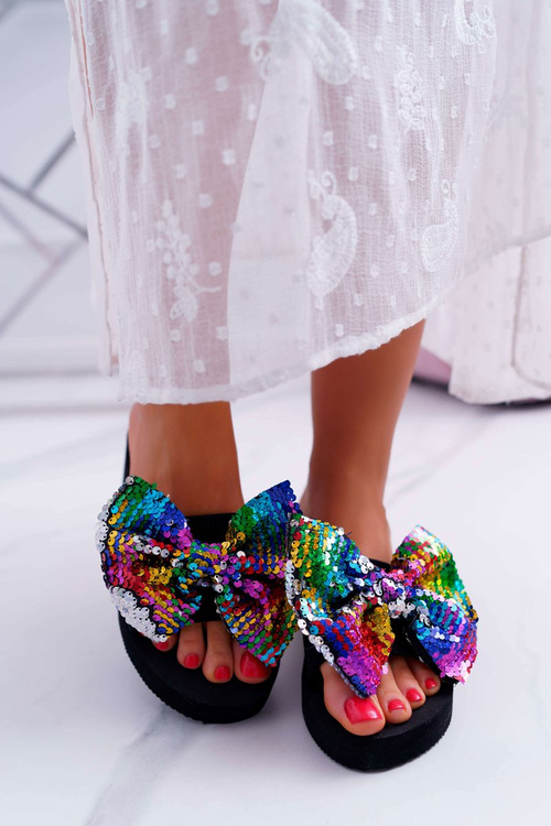 Жіночі в'єтнамки з поролону на платформі Cocard з райдужними паєтками Мяу