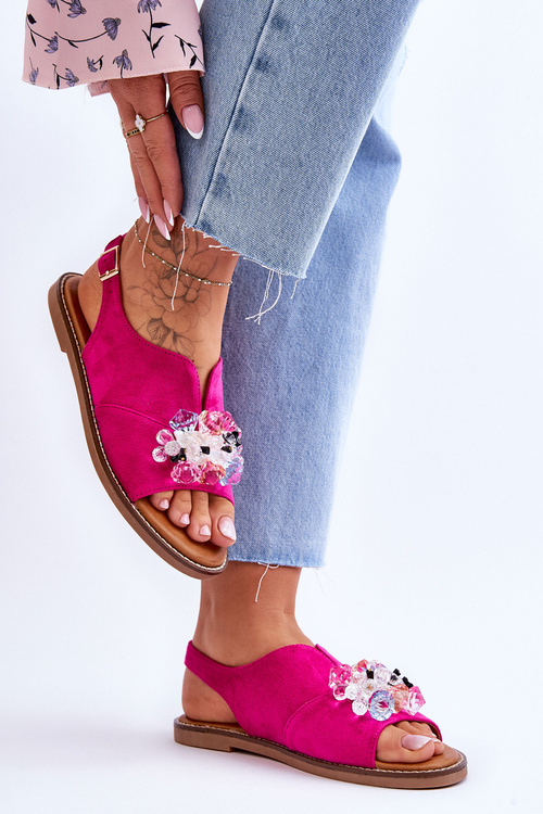 Жіночі замшеві босоніжки з камінням кольору фуксії Mersea