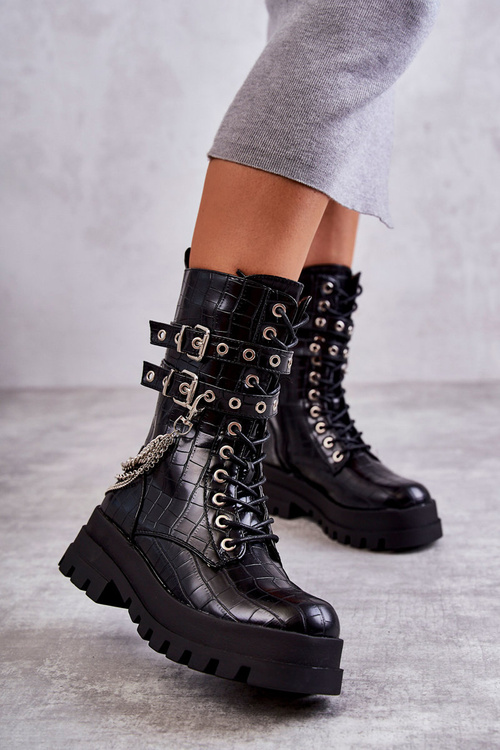 Високі робочі черевики з ланцюгом зі змійкою чорного кольору Montero