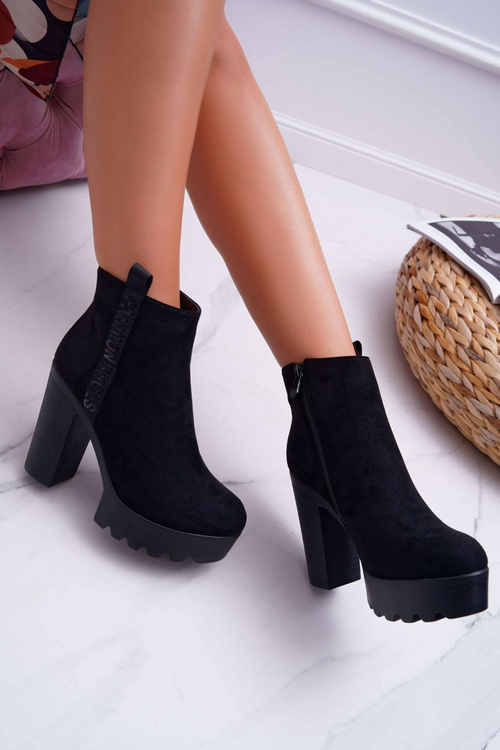 Жіночі чоботи на шпильці на платформі замшеві чорні естакадо