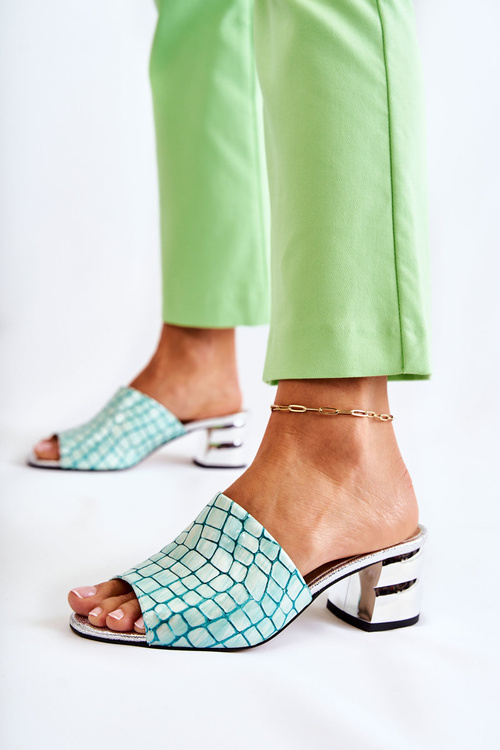 Шкіряні жіночі тапочки Крокодиловий візерунок На каблуці Салатовий Перрі