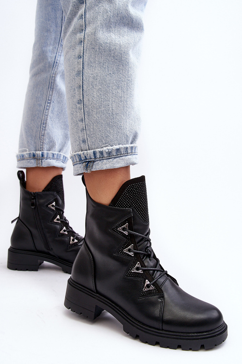 Чорні шкіряні утеплені чоботи зі стразами Gwen SBarski HY93-52A