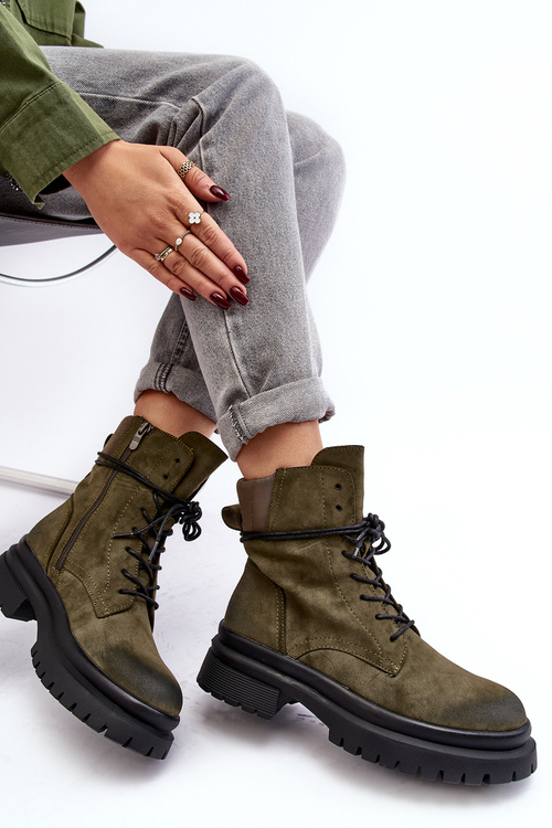 Чоботи жіночі Trappers на товстій підошві Темно-зелені Narelona