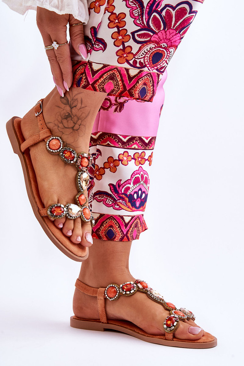 Замшеві босоніжки на плоскій підошві з камінням помаранчеві Dallas