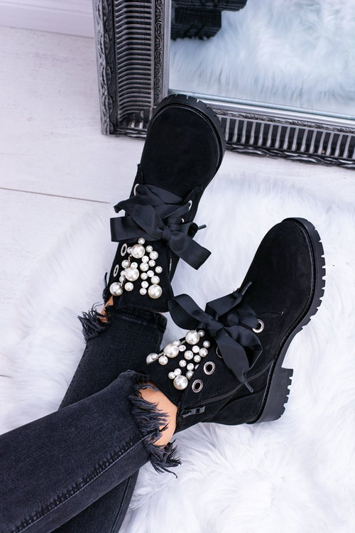 Замшеві ботильйони на підкладці з перлами та стрічкою чорного кольору Perla