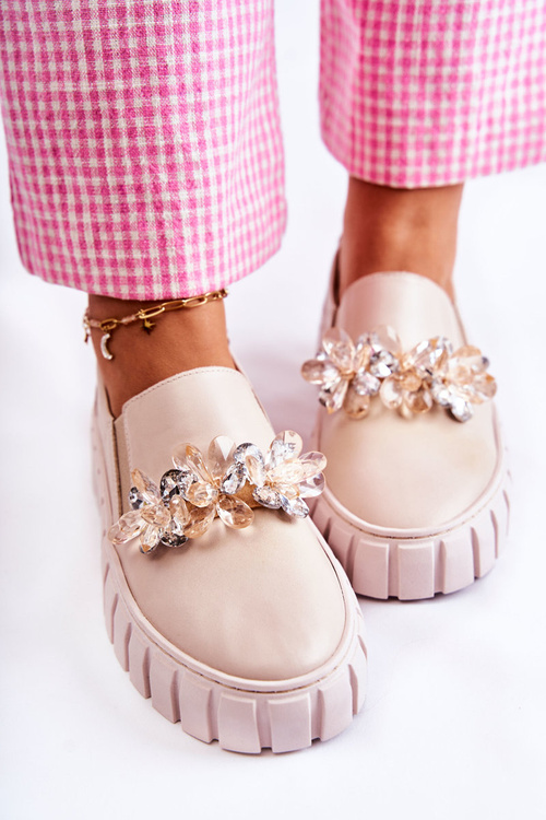 Жіночі шкіряні кросівки сліпони з декором бежеві Mirana