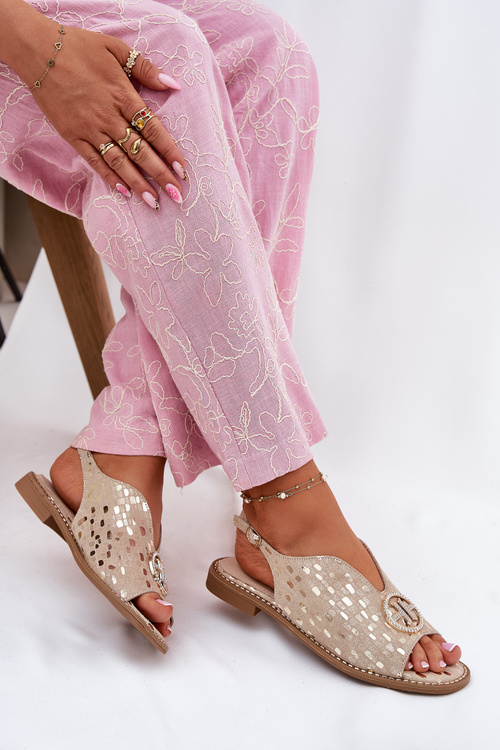 Шкіряні Сандалі На Плоскому Каблуку З Декором S.Barski KV51-094 Золоті