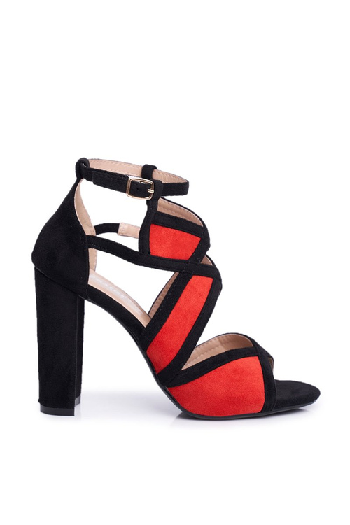 Замшеві босоніжки на шпильці чорно-червоні Емоллі