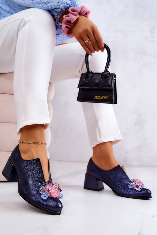 Шкіряні металеві туфлі з декором темно-синій Delaver