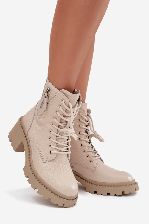 Шкіряні жіночі ботильйони на каблуці Vinceza 86418 бежеві