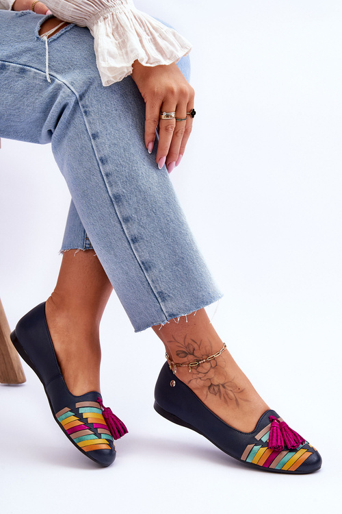 Шкіряні балетки з бахромою Maciejka 04016-17 Темно-синій