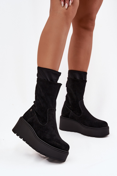 Жіночі шкіряні замшеві чоботи на масивній платформі Maciejka A7161-20 Чорні