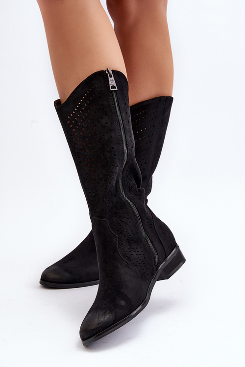 Ажурні жіночі чоботи Zazoo 3403 на низькому каблуці коричневі