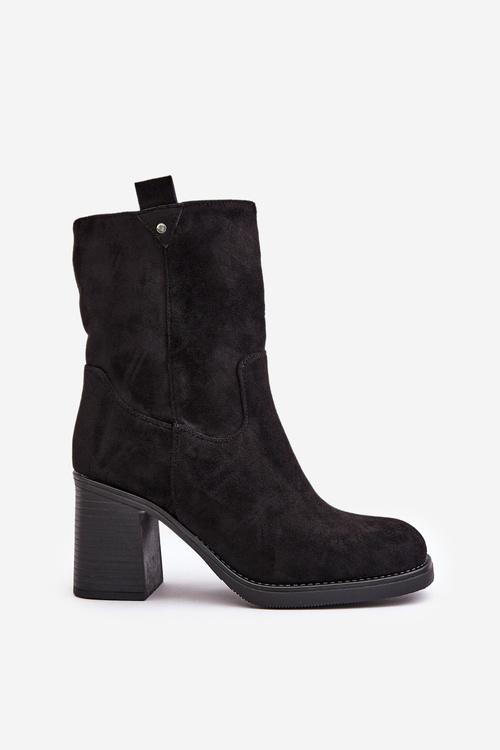 Жіночі утеплені ботильйони на підборах з еко-замші чорні Vellinga