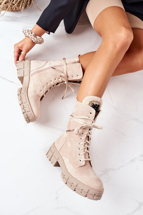 Замшеві утеплені чоботи з декоративним камінням бежеві Hadley