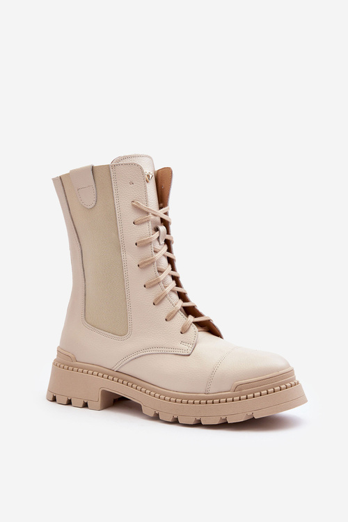 Шкіряні жіночі ботильйони на шнурівці бежеві Nicole 2836
