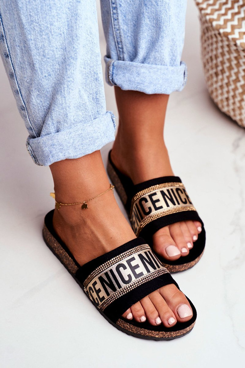 Тапочки на корковій підошві з кубічним цирконієм чорного золота Be Nice