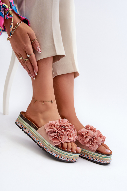 Жіночі босоніжки на платформі, прикрашені квітами, рожеві Nodina