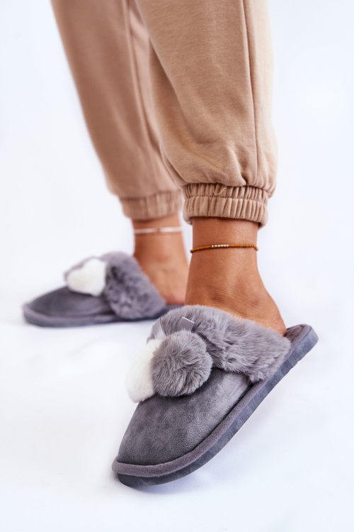 Жіночі тапочки з помпонами і хутром сірі Sahira