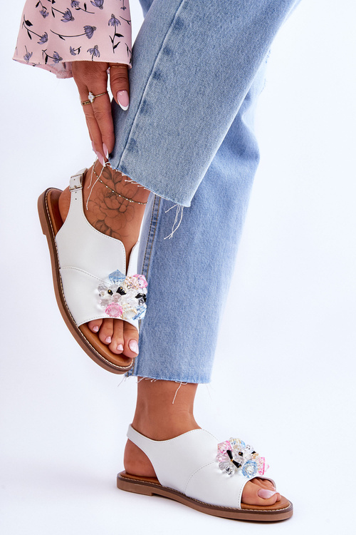 Жіночі шкіряні босоніжки з камінням Mersea білого кольору