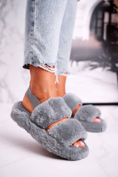 Жіночі пухнасті тапочки на платформі сірі