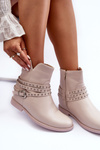 Жіночі шкіряні чоботи з декором на плоскому каблуці бежеві Adkrana