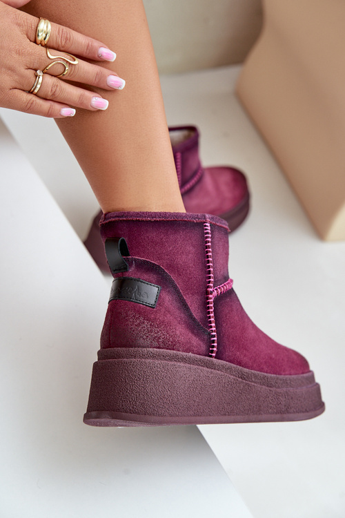 Шкіряні замшеві зимові черевики на платформі та танкетці коричневі Maciejka 06769-23 Bordeaux