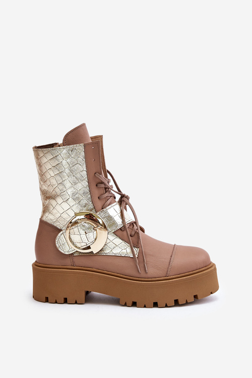 Бежеві шкіряні робочі черевики Zazoo 2942 із золотою пряжкою