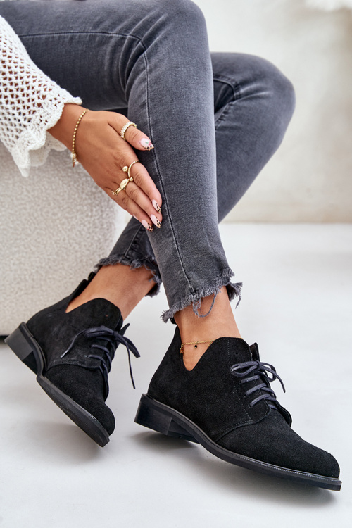 Zazoo 2959 Замшеві оксфорди на шнурівці на плоскій підборі чорні