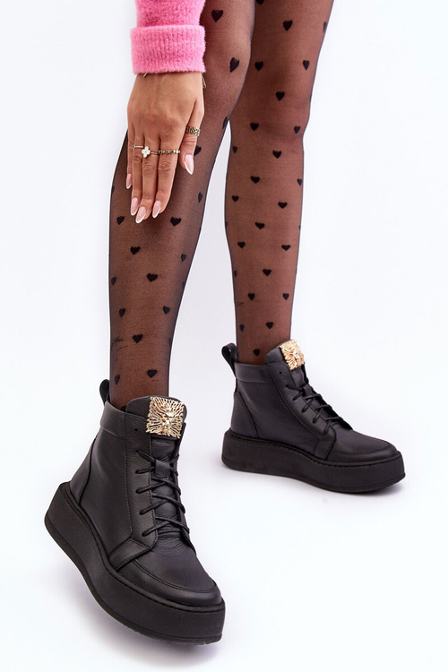 Чоботи жіночі на шнурівці з шкіряним декором Чорні Nicole 2833