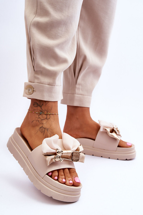 Тапочки з бантом і ведмедиком Бежеві Suzy