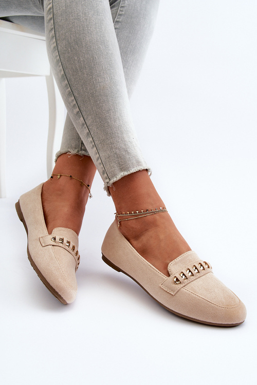 Блискучі жіночі лофери з ланцюжком бежеві Aredilla