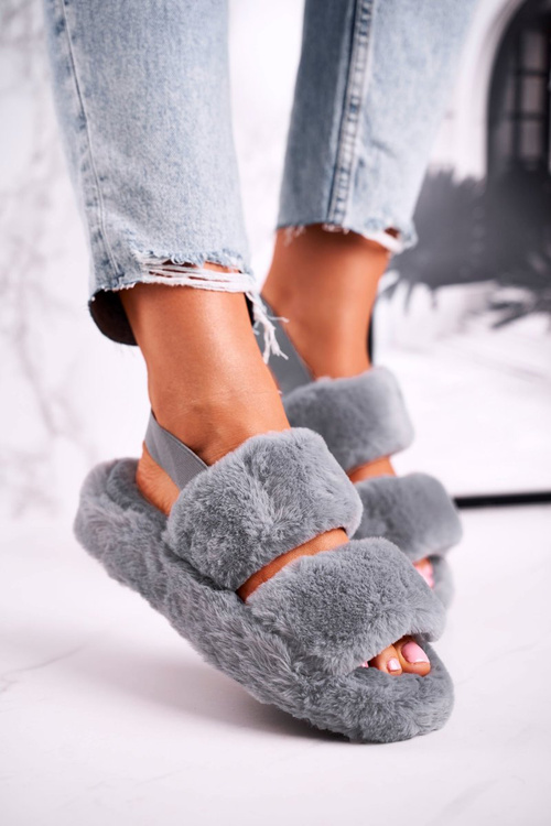 Жіночі пухнасті тапочки на платформі сірі