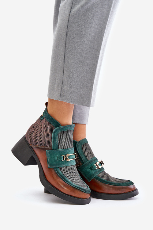 Шкіряні жіночі черевики з масивним каблуком з прикрасою Maciejka A6747-29 коричнево-зелені