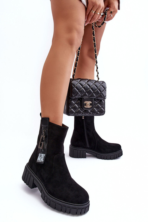 Жіночі масивні замшеві чоботи на плоскому каблуці чорні Lunai