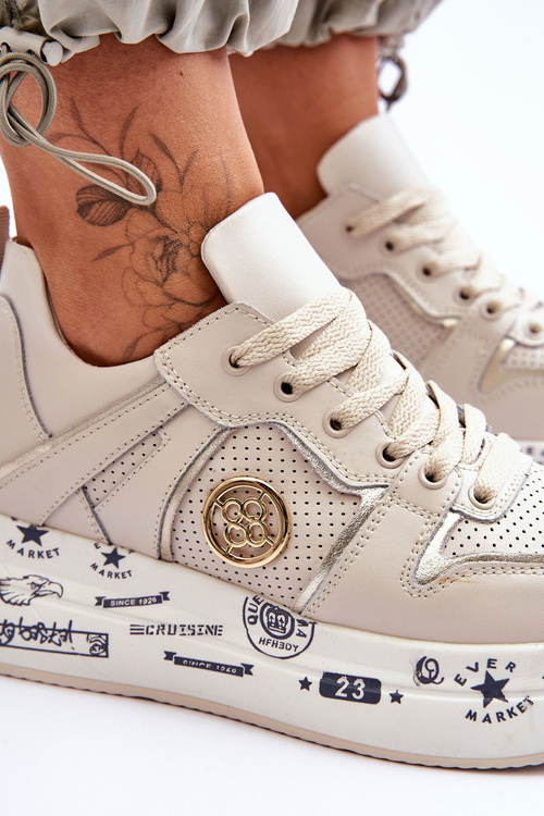 Жіночі шкіряні кросівки на масивній платформі бежеві Asturia