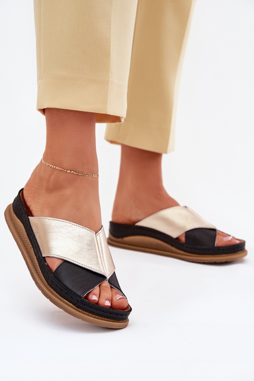 Жіночі Шкіряні Сандалі На Платформі Maciejka L4986-25 Золото-Чорні