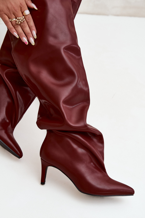 Жіночі чоботи на підборах без застібки бордові Mavilla