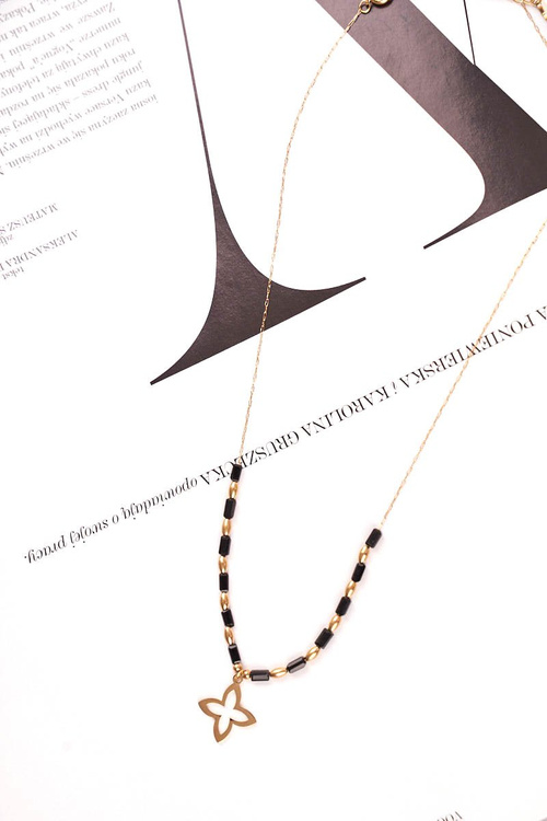 Жіноче золоте намисто, ланцюжок, чорні кульки, квітка Сесілія